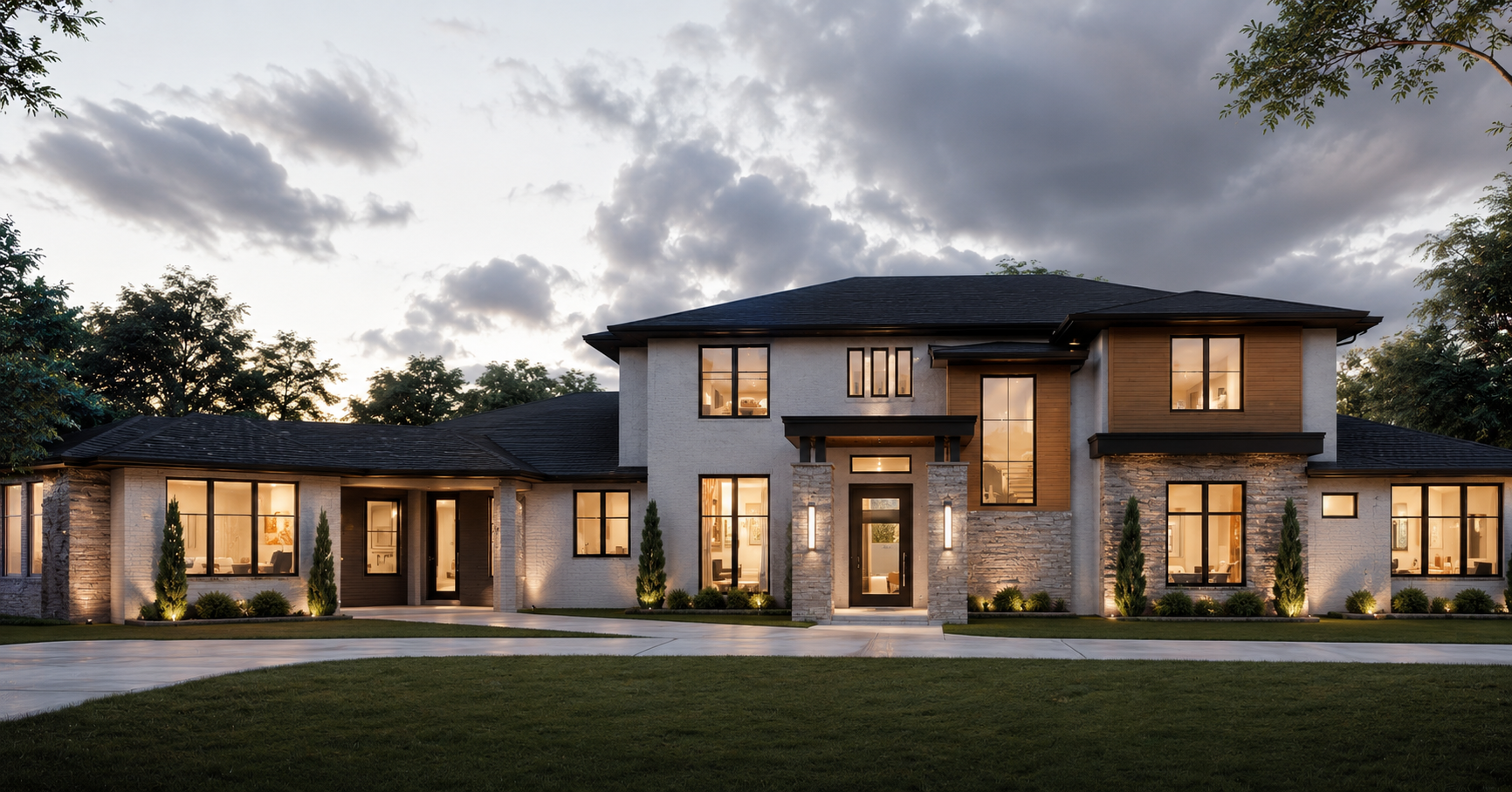 A modern custom home at dusk